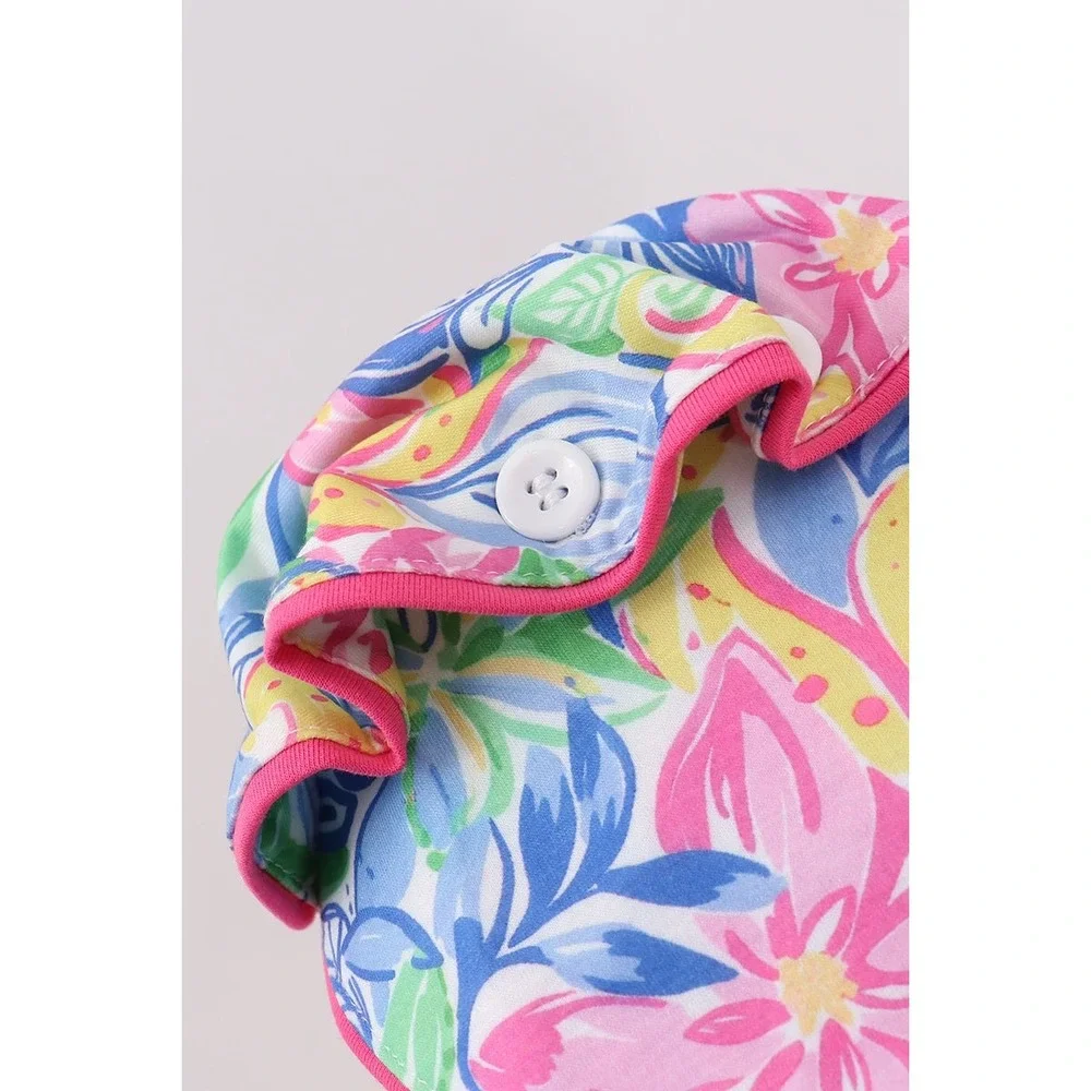Tropical Floral Ruffle Bonnet Wide Brim Pink Bow Tie Summer Beach Infant Small